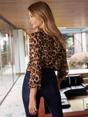 Friends Like These Brown Long Sleeve Animal Tie Neck Chiffon Blouse - Image 4 of 4