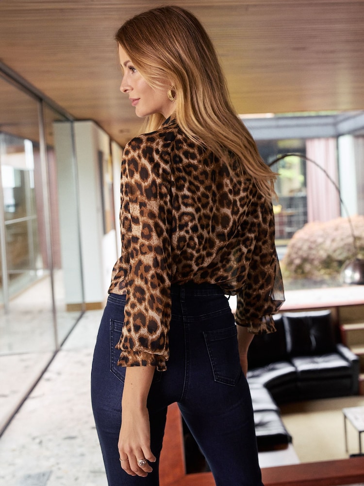 Friends Like These Brown Long Sleeve Animal Tie Neck Chiffon Blouse - Image 4 of 4