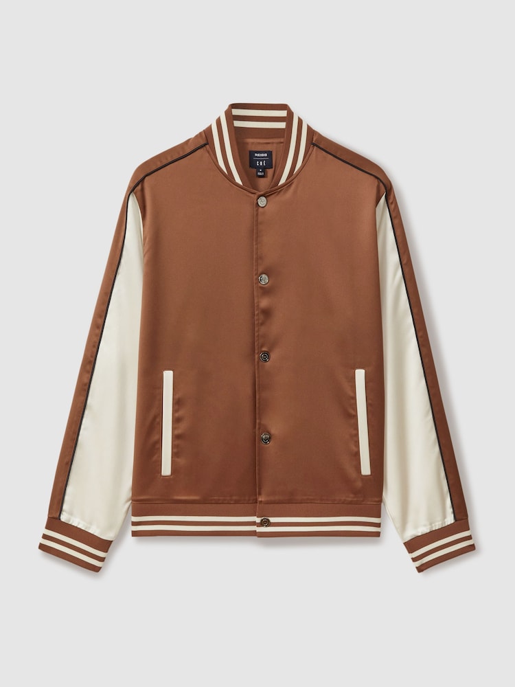 Reiss Tobacco/Ecru Almo Ché Satin Effect Embroidered Bomber Jacket - Image 2 of 5
