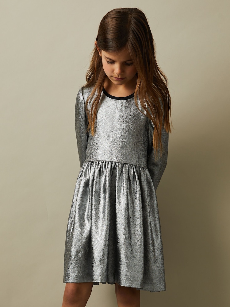 Reiss Silver Joy 13-14 yrs Metallic Fit and Flare Dress - Image 2 of 4