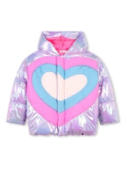 Billieblush Oversized Purple Heart Print Hooded Puffer Coat - Image 2 of 3