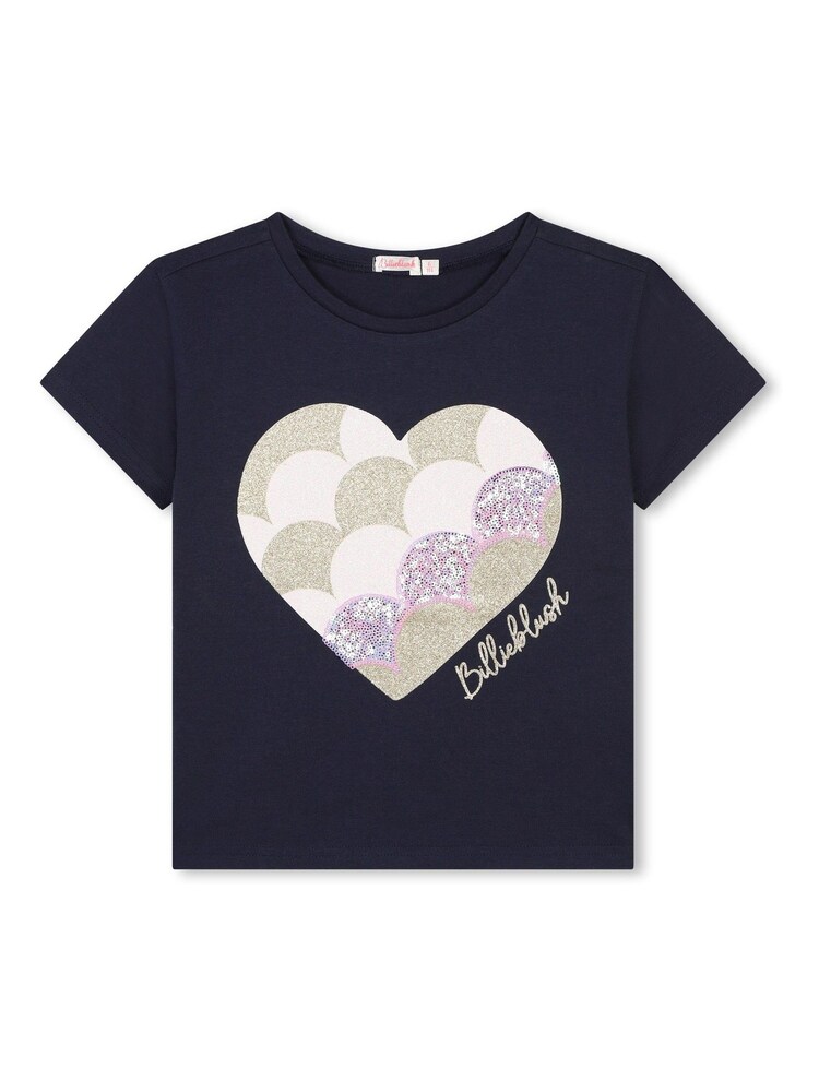 Blau - Billieblush Kurzarm-T-Shirt mit Glitzerdesign, Herz und Logo aus 100 % Baumwolle - Bild 1 von 2