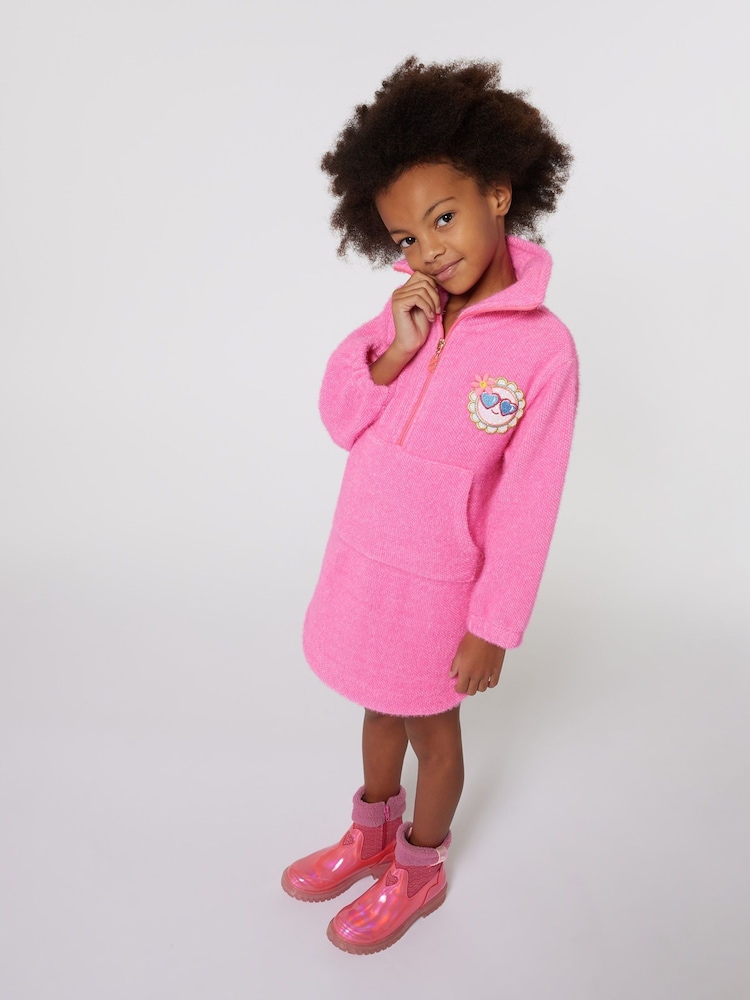 Billieblush Pink Quauter Zip Fluffy Textured Jumper Dress With Front Pocket - Image 1 of 3 Billieblush Pink Quauter Zip Fluffy Textured Jumper Dress With Front Pocket - Image 1 of 3