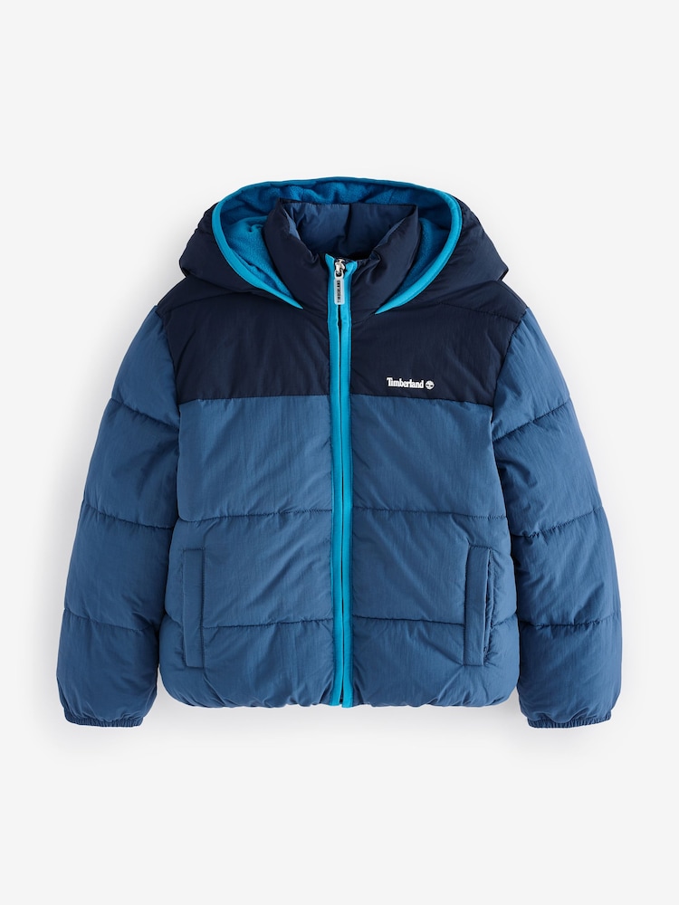 Timberland Blue Colourblock Hooded Puffer Coat - Image 1 of 1