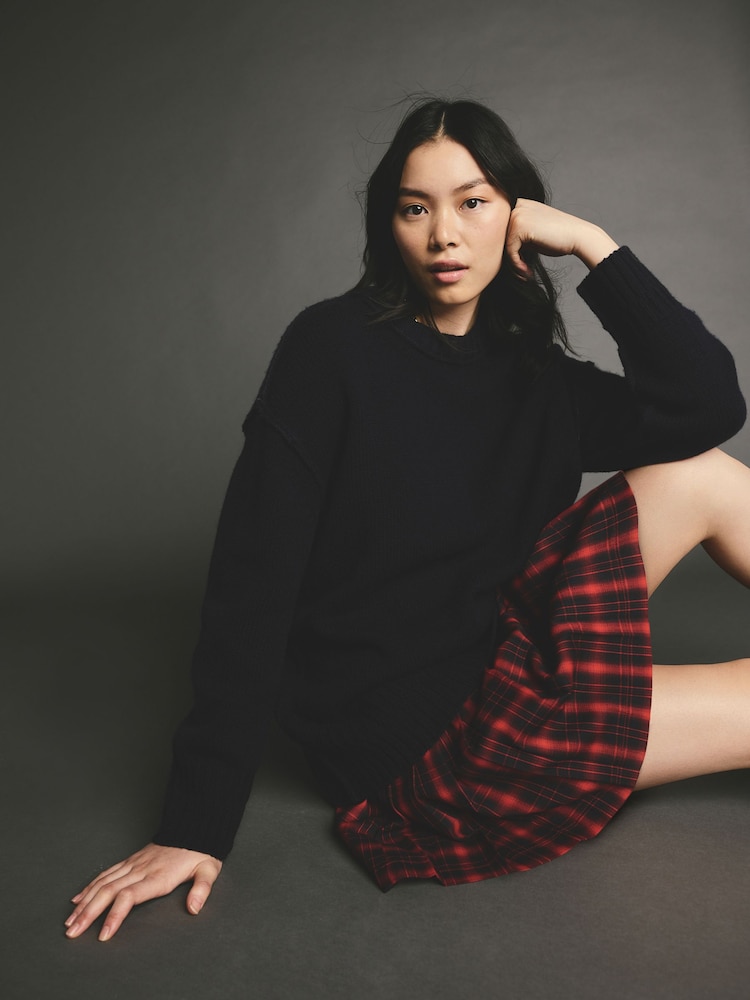 Navy Blue Premium Seam Detail Fine Knitted Jumper - Image 1 of 8