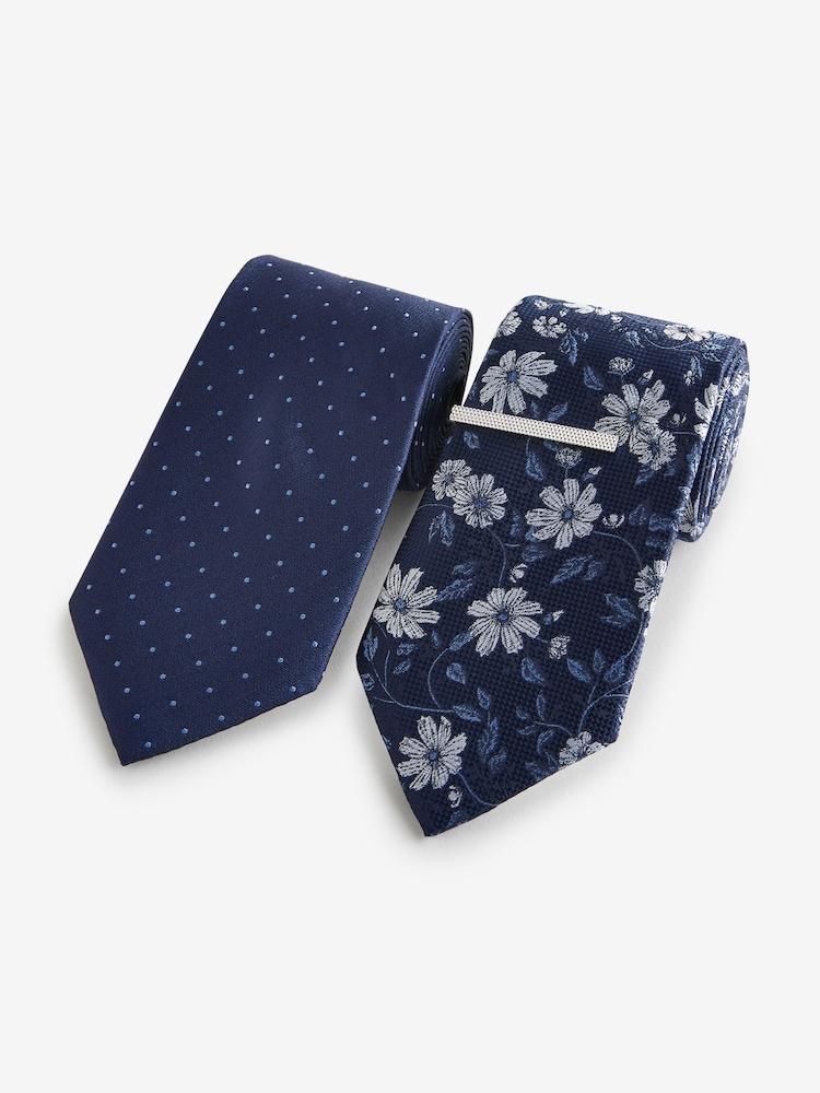 Navy Blue Floral/Blue Polka Dot - Design Ties And Tie Clips 2 Pack - Image 1 of 1