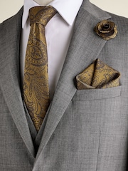 Ochre Yellow Textured Paisley Tie, Pocket Square And Pin Set - Image 1 of 6