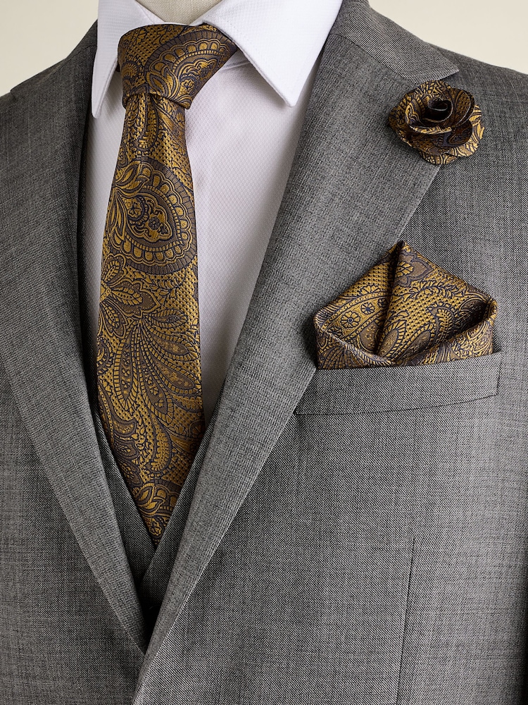 Ochre Yellow Textured Paisley Tie, Pocket Square And Pin Set - Image 1 of 6