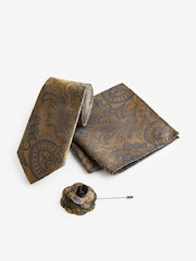 Ochre Yellow Textured Paisley Tie, Pocket Square And Pin Set - Image 2 of 6