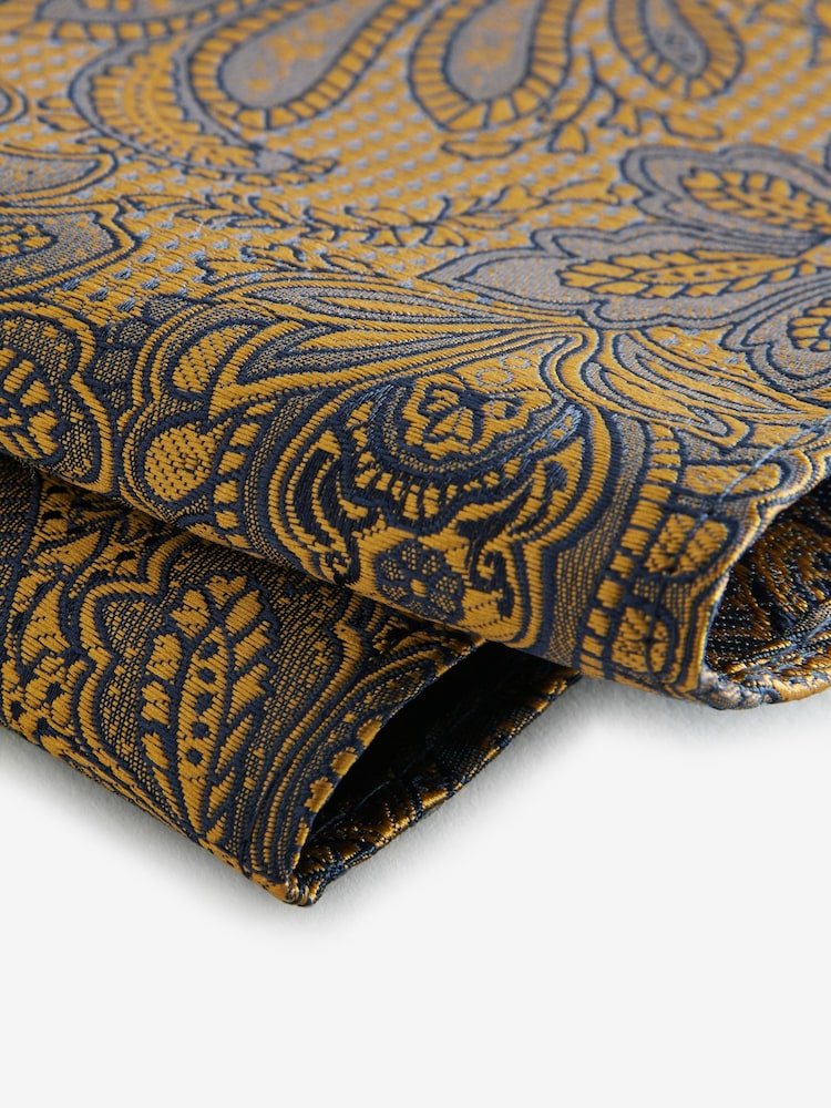 Ochre Yellow Textured Paisley Tie, Pocket Square And Pin Set - Image 6 of 6