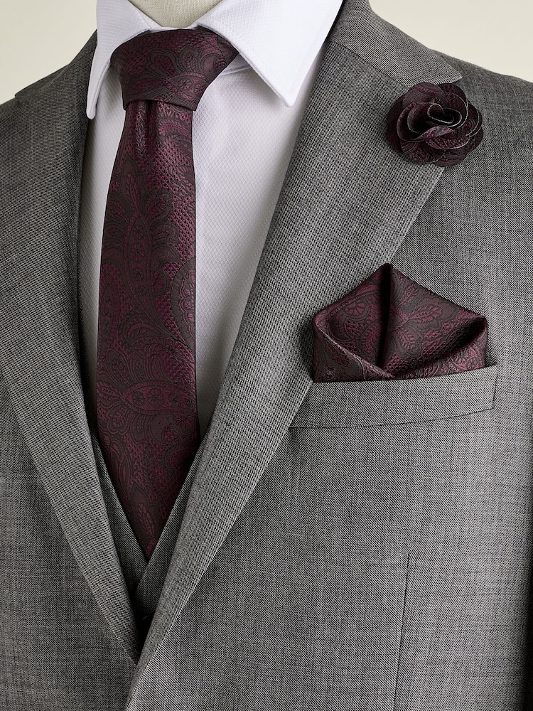 Burgundy Red Textured Paisley Tie, Pocket Square And Pin Set - Image 1 of 6