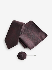 Burgundy Red Textured Paisley Tie, Pocket Square And Pin Set - Image 2 of 6