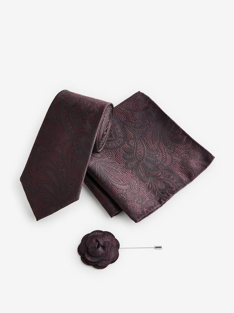 Burgundy Red Textured Paisley Tie, Pocket Square And Pin Set - Image 2 of 6 Burgundy Red Textured Paisley Tie, Pocket Square And Pin Set - Image 2 of 6