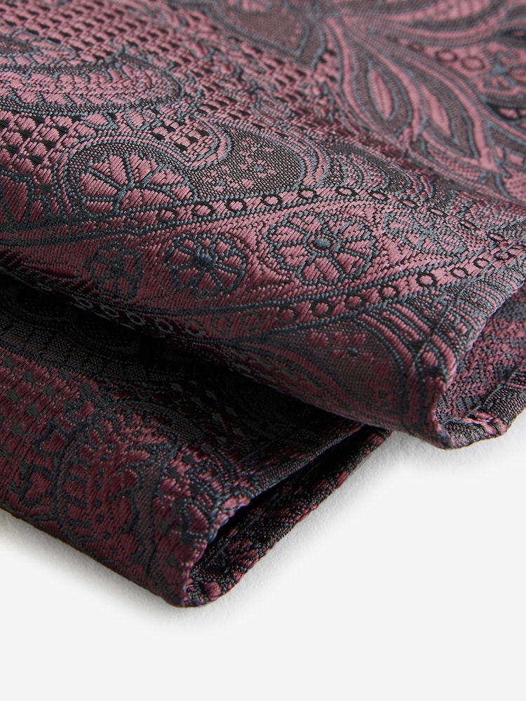 Burgundy Red Textured Paisley Tie, Pocket Square And Pin Set - Image 6 of 6