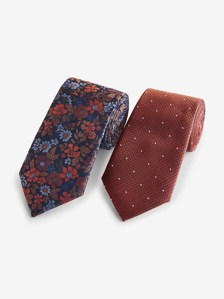 Rust Orange Floral/Polka Dot Design Ties And Tie Clip 2 Pack - Image 1 of 3