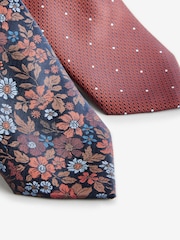Rust Orange Floral/Polka Dot Design Ties And Tie Clip 2 Pack - Image 2 of 3