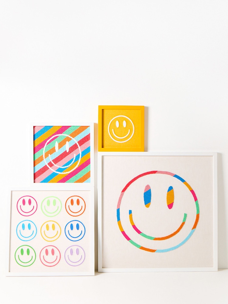 Oliver Bonas White Beaded Happy Face Framed Wall Art - Image 1 of 4