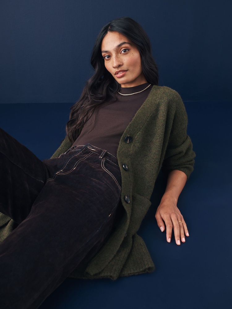 Olivno zelena - Sproščeno prileganje Oversized Longline Button Knitted pletena pletena jopa - Slika 1 iz 8