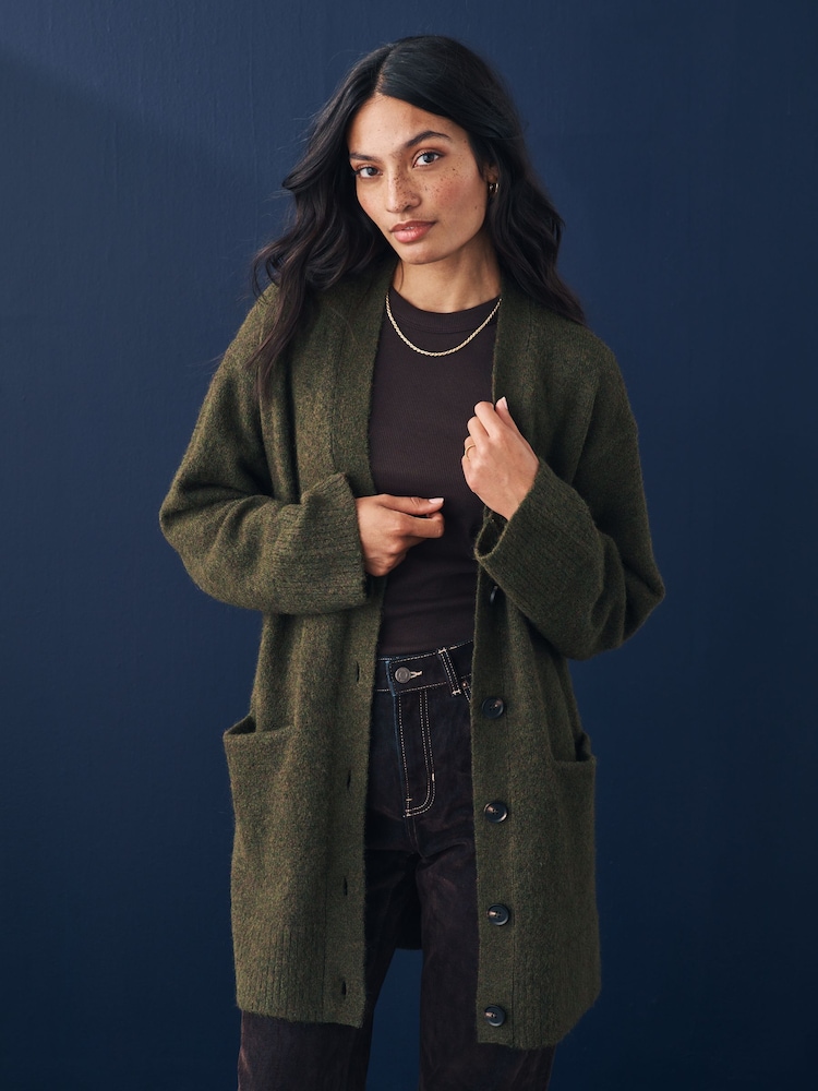 Olivno zelena - Sproščeno prileganje Oversized Longline Button Knitted pletena pletena jopa - Slika 2 iz 8 Olivno zelena - Sproščeno prileganje Oversized Longline Button Knitted pletena pletena jopa - Slika 2 iz 8