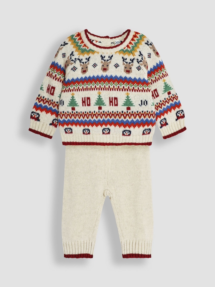 JoJo Maman Bébé Ecru Christmas Fairisle Pattern Knitted Jumper & Leggings Set - Image 2 of 6