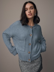 Blue Chambray Soft Touch Button Up Pocket Knitted Cardigan - Image 1 of 7