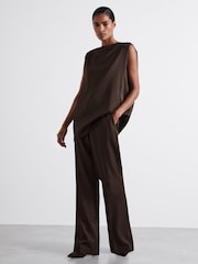 Reiss Chocolate Camille Atelier Satin Tunic Top with Wool - Image 1 of 5