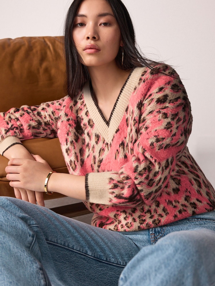 Pink Star Leopard Animal V-Neck Jumper - Image 1 of 6