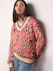 Pink Star Leopard Animal V-Neck Jumper - Image 2 of 6