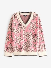 Pink Star Leopard Animal V-Neck Jumper - Image 5 of 6