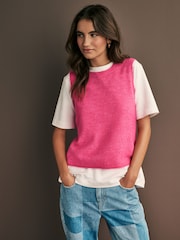 Pink Bright Sleeveless Knitted Crew Tank Vest Top with Alpaca - Image 1 of 7