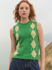 Green Argyle Pattern Sleeveless Knitted Crew Tank Vest Top with Alpaca - Image 1 of 8