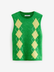 Green Argyle Pattern Sleeveless Knitted Crew Tank Vest Top with Alpaca - Image 6 of 8