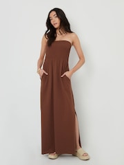 Threadbare Brown Bardot Jersey Midi 100% Cotton Dress with Pockets - Image 1 of 4