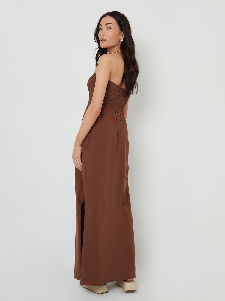 Threadbare Brown Bardot Jersey Midi 100% Cotton Dress with Pockets - Image 2 of 4