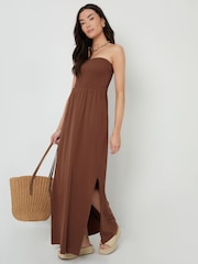 Threadbare Brown Bardot Jersey Midi 100% Cotton Dress with Pockets - Image 3 of 4