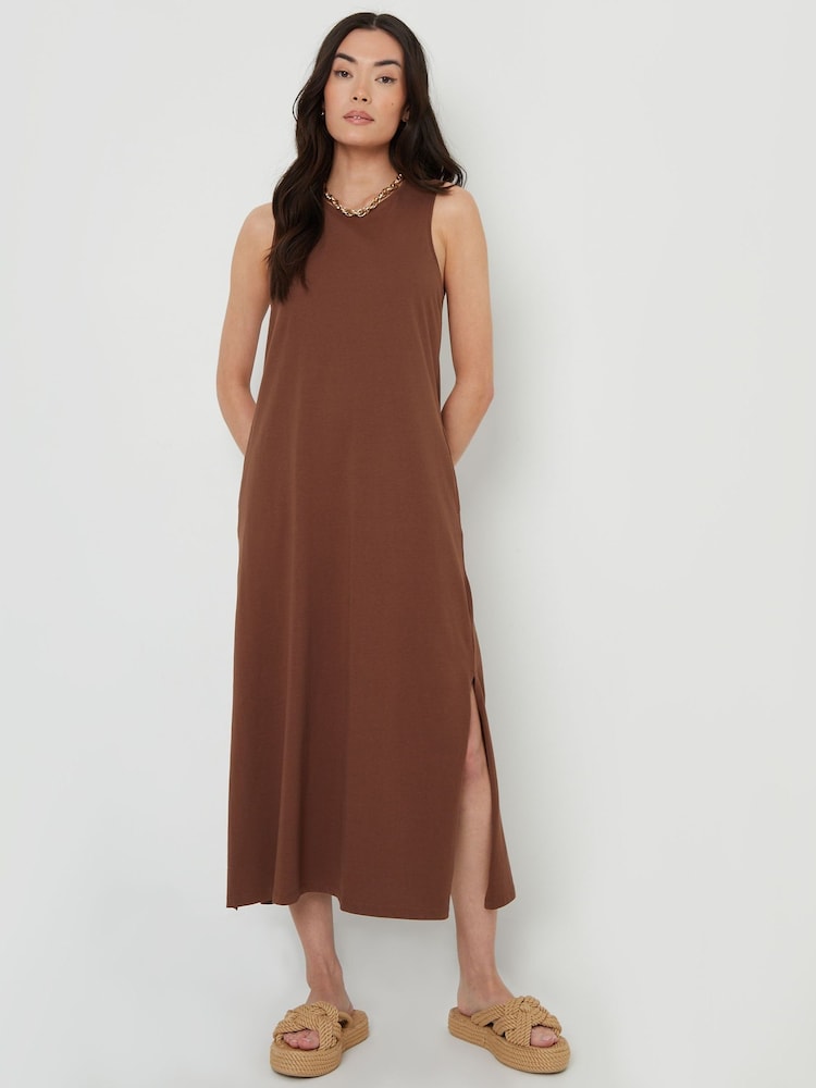Threadbare Brown Sleeveless Jersey Midi 100% Cotton Dress With Pockets - Image 1 of 4