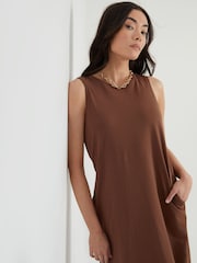 Threadbare Brown Sleeveless Jersey Midi 100% Cotton Dress With Pockets - Image 2 of 4