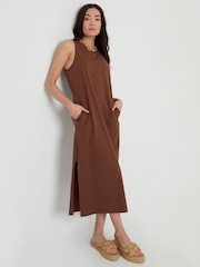 Threadbare Brown Sleeveless Jersey Midi 100% Cotton Dress With Pockets - Image 4 of 4