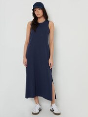 Threadbare Blue Sleeveless Jersey Midi 100% Cotton Dress With Pockets - Image 1 of 5