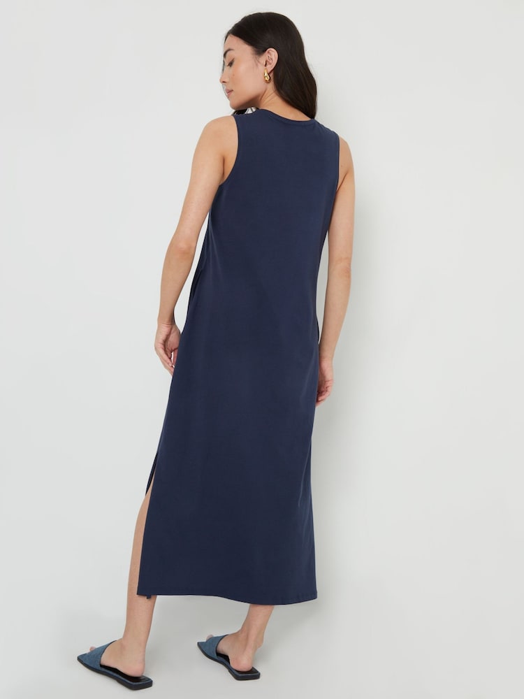 Threadbare Blue Sleeveless Jersey Midi 100% Cotton Dress With Pockets - Image 5 of 5