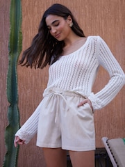 Threadbare White Linen Blend Paperbag Waist Shorts - Image 1 of 4