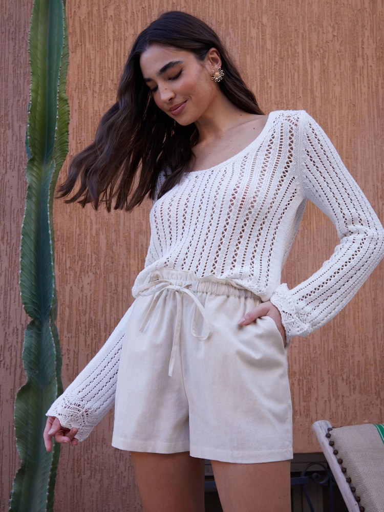Threadbare White Linen Blend Paperbag Waist Shorts - Image 1 of 4