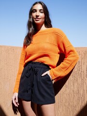 Threadbare Black Linen Blend Paperbag Waist Shorts - Image 1 of 4