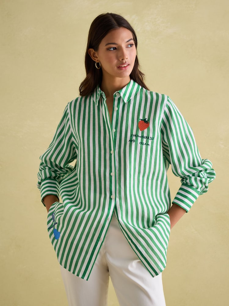 Joules Set Match Green & White 100% Linen Shirt with Tennis Embroidery - Image 1 of 6