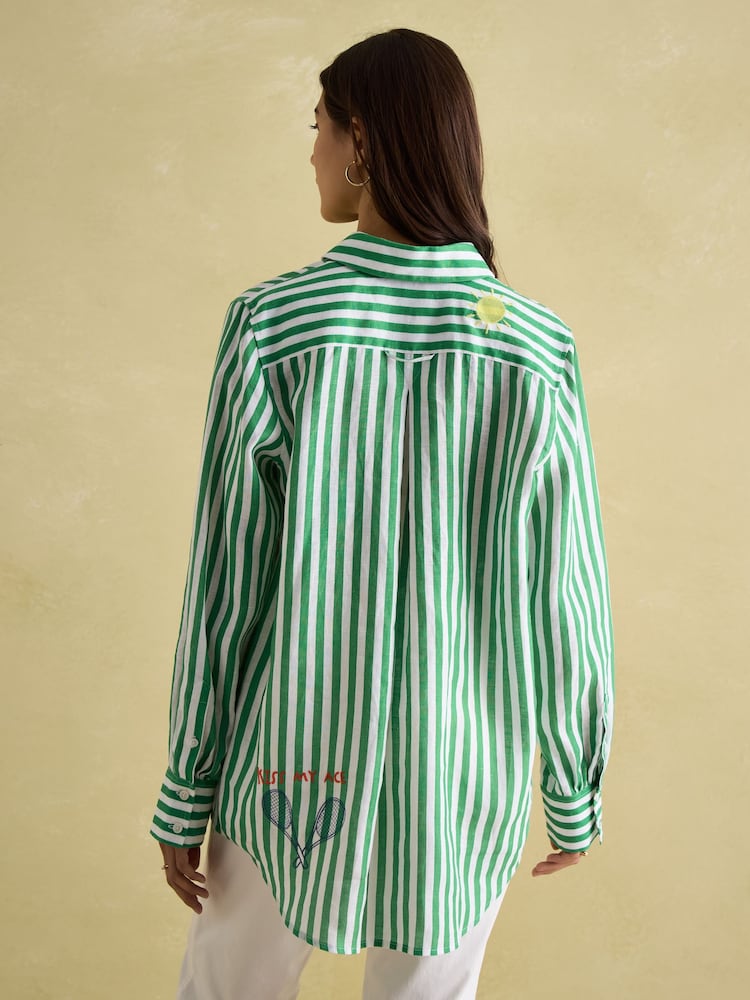Joules Set Match Green & White 100% Linen Shirt with Tennis Embroidery - Image 2 of 6