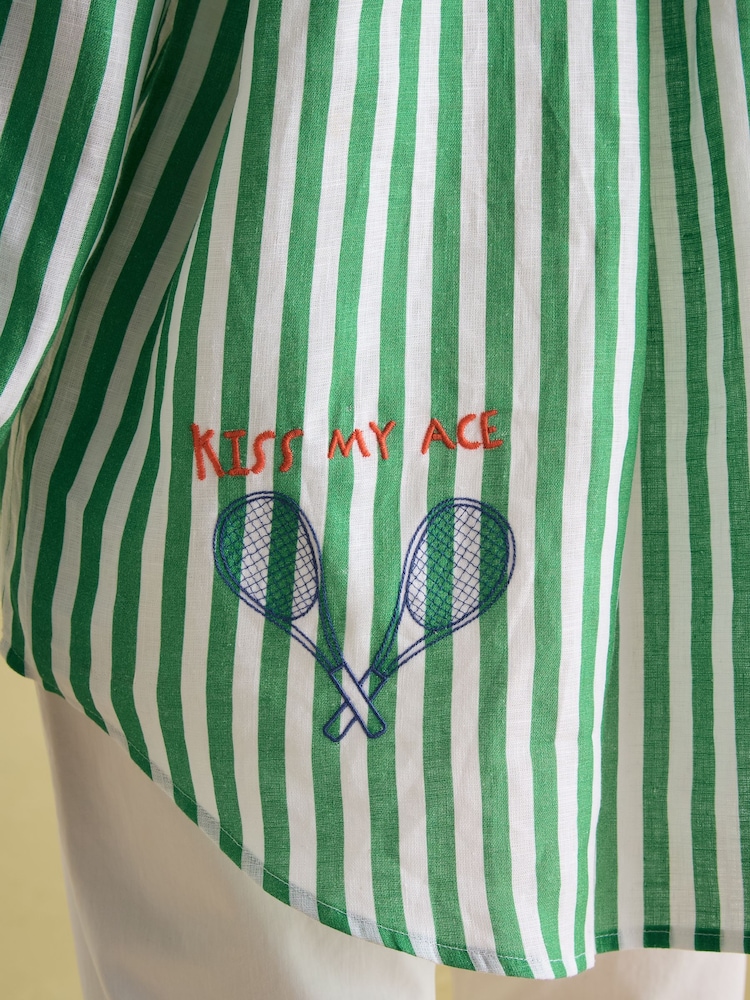 Joules Set Match Green & White 100% Linen Shirt with Tennis Embroidery - Image 6 of 6