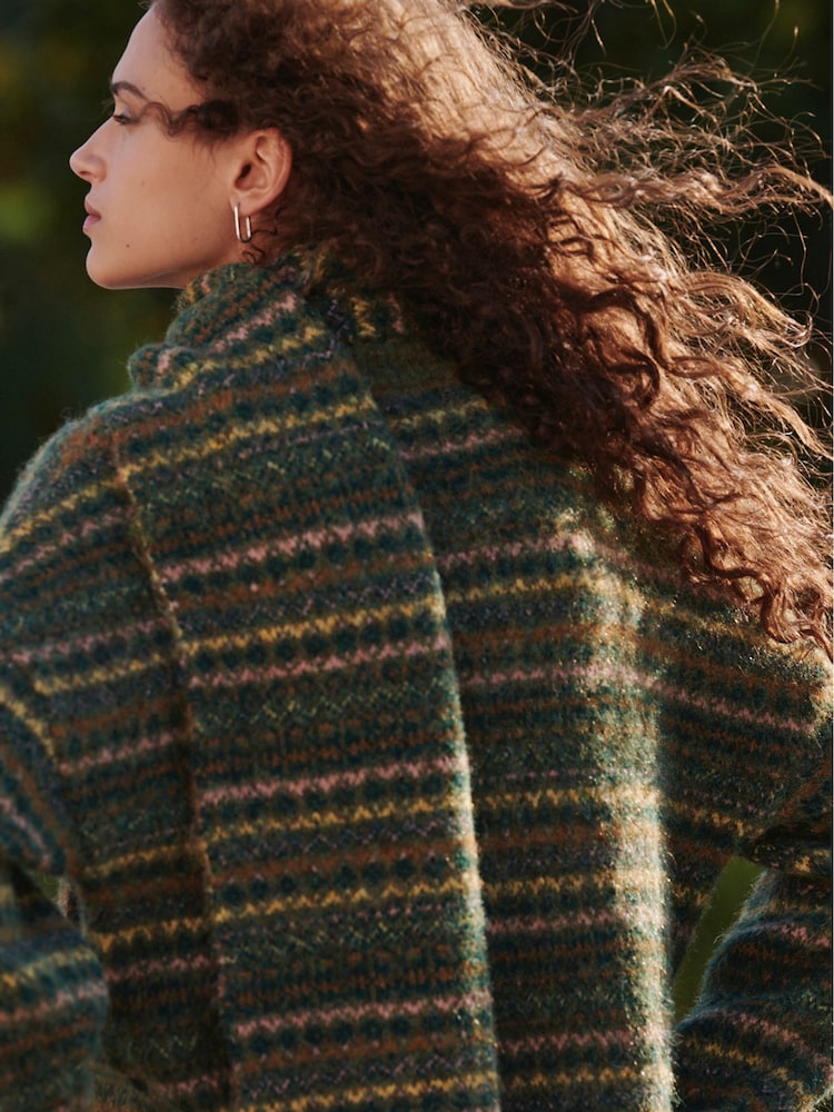 Green Fairisle Pattern Stripe Crew Neck Knitted Jumper - Image 2 of 6