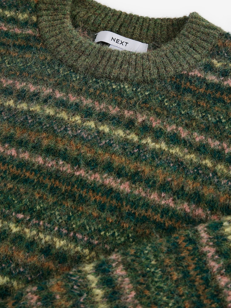 Green Fairisle Pattern Stripe Crew Neck Knitted Jumper - Image 6 of 6