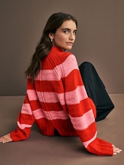 Red Pink Stripe High Neck Textured Knitted Jumper with Wool - Image 1 of 7