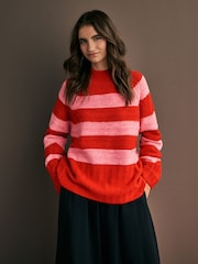 Red Pink Stripe High Neck Textured Knitted Jumper with Wool - Image 3 of 7